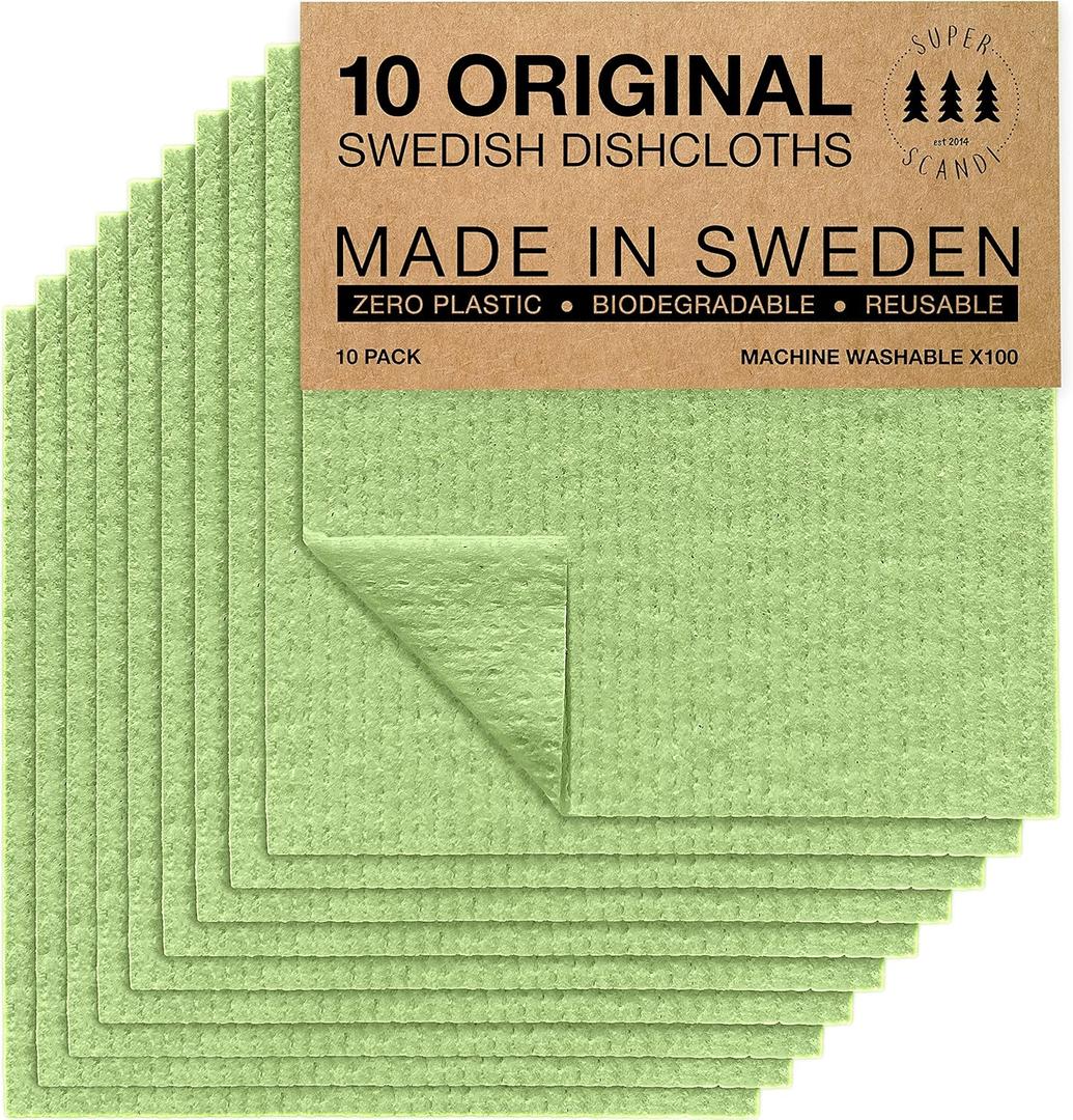 Pack of 10 SUPERSCANDI 10 Pack Swedish Dishcloths for Kitchen - 100% Biodegradable & Compostable Reusable Paper Towels Washable, Food-Safe & Without Plastic - Dish Rags Suitable for Any Surface, Apple Green