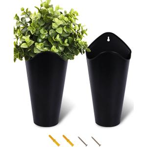 vensovo 12 Inches Galvanized Wall Planters - 2 Packs Metal Tin Vases for Flowers Indoors, Farmhouse Hanging Planter Tall Flower Holder for Country Decor Outdoors, Black