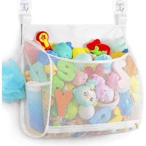Ligereza Baby Mesh Bath Toy Organizer, Multiple Ways to Hang, Ultra Large Capacity & Large Opening, Bathroom Toy Holder, Bath Toy Storage Bag With 2 Side Pockets (White)