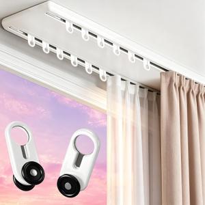 Double Curtain Track Ceiling Mounted,9FT Silent Heavy Duty Aluminum Double Row Curtain Rail System, Sliding Ceiling Curtain Track for Bedroom Living Room Hotel Room Divider