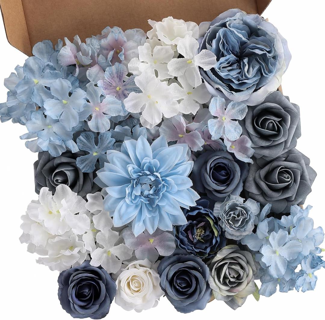 Garisey Artificial Flowers Combo Box Set Dusty Blue Flowers for DIY Wedding Bouquet Arrangements Bridal Shower Party Home Decorations(White Blue Rose)