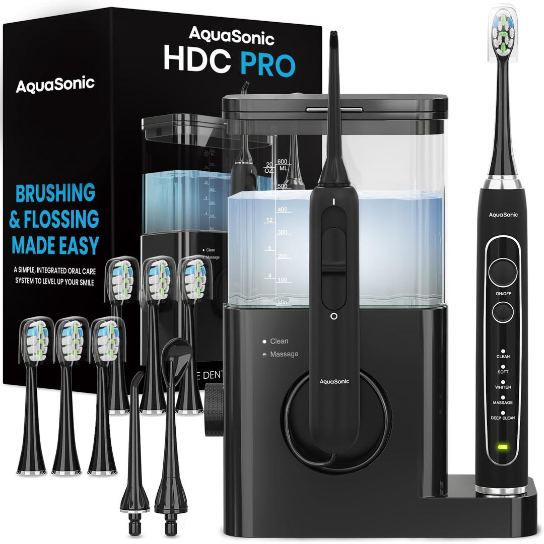 AquaSonic Home Dental Center PRO – Brushing & Flossing Made Easy – Brush & Floss – Power Toothbrush & Water Flosser – Whiter Teeth & Healthier Gums – Black Series Pro+Oral Irrigator