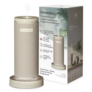 Homedics SereneScent Mini Fabric Rechargeable Waterless Diffuser, Cordless Aromatherapy Device, Use with SereneScent Oil 15ml (Sold Separately), Adjustable Mist Intensity & Ambient Light, Beige