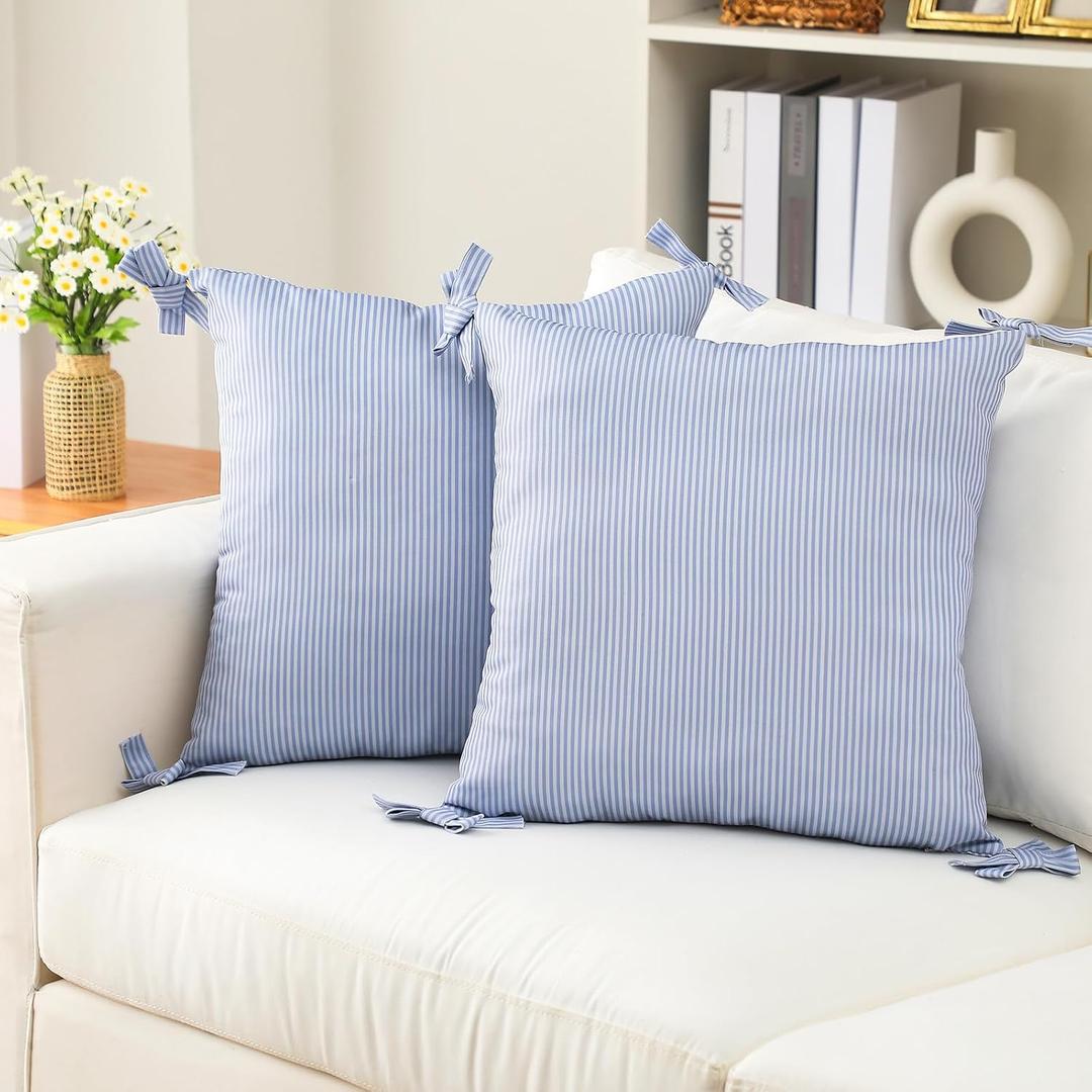 SmoothNovelty 2 Pcs Coastal Pillow Covers 20 * 20 Inch Blue and White Striped Throw Pillow Covers with Bow Ties Chic Cotton Decorative Cushion Shams for Sofa Living Room Bed Outdoor Home Decoration