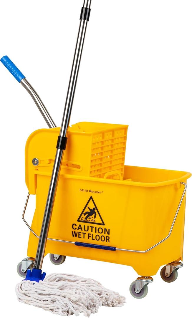 Mind Reader Bucket with Wringer and Mop Set, 22 Qt (5.5 Gallon), Floor Cleaning, Wheels, 16.25" L x 10.75" W x 24.5" H, Yellow Mind Reader Bucket with Wringer and Mop Set, 22 Qt (5.5 Gallon), Floor Cleaning, Wheels, 16.25" L x 10.75" W x 24.5" H, Yellow
