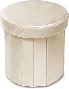 Phantoscope Storage Ottoman Round15 Inch, Velvet Folding Storage Boxes Footrest Foot Ottoman Toy Box, Padded Seat for Dorm Living Room Bedroom, Support 220lbs Off-White
