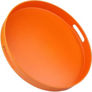 Round Orange Decorative Serving Tray with Handles, 13 Versatile Ottoman Tray for Coffee Table, Entertaining, Outdoor Patio, Living Room