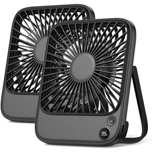 TOPK 2 Pack 5000mAh Portable Desk Fan, Ultra-thin Strong Wind Digital Display 4 Speeds Adjustable Small Quiet Battery Powered Personal Travel Fan for Bedroom, Office, Cruise, Library, Outdoor Black