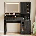 IDEALHOUSE Fluted Vanity Desk with Mirror and Lights, 45" Makeup Vanity with Large Cabinets, Drawers, Dressing Table with 3 Color Lighting Modes, Built-in Charging Station for Bedroom, Black