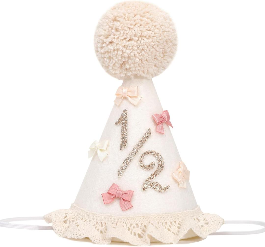 Bow Half Birthday Hat for Girls  Boho 1/2 Birthday Crown, Baby Girl Pink Party Hat, Half Way to One Bday Decorations, Cake Smash Outfit