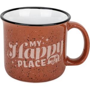 Camco Life is Better at The Campsite Ceramic Coffee Mug - Microwave and Dishwasher Safe - Features Red Background with Retro RV My Happy Place Design - Coffee Cup Holds 14oz. (53472)