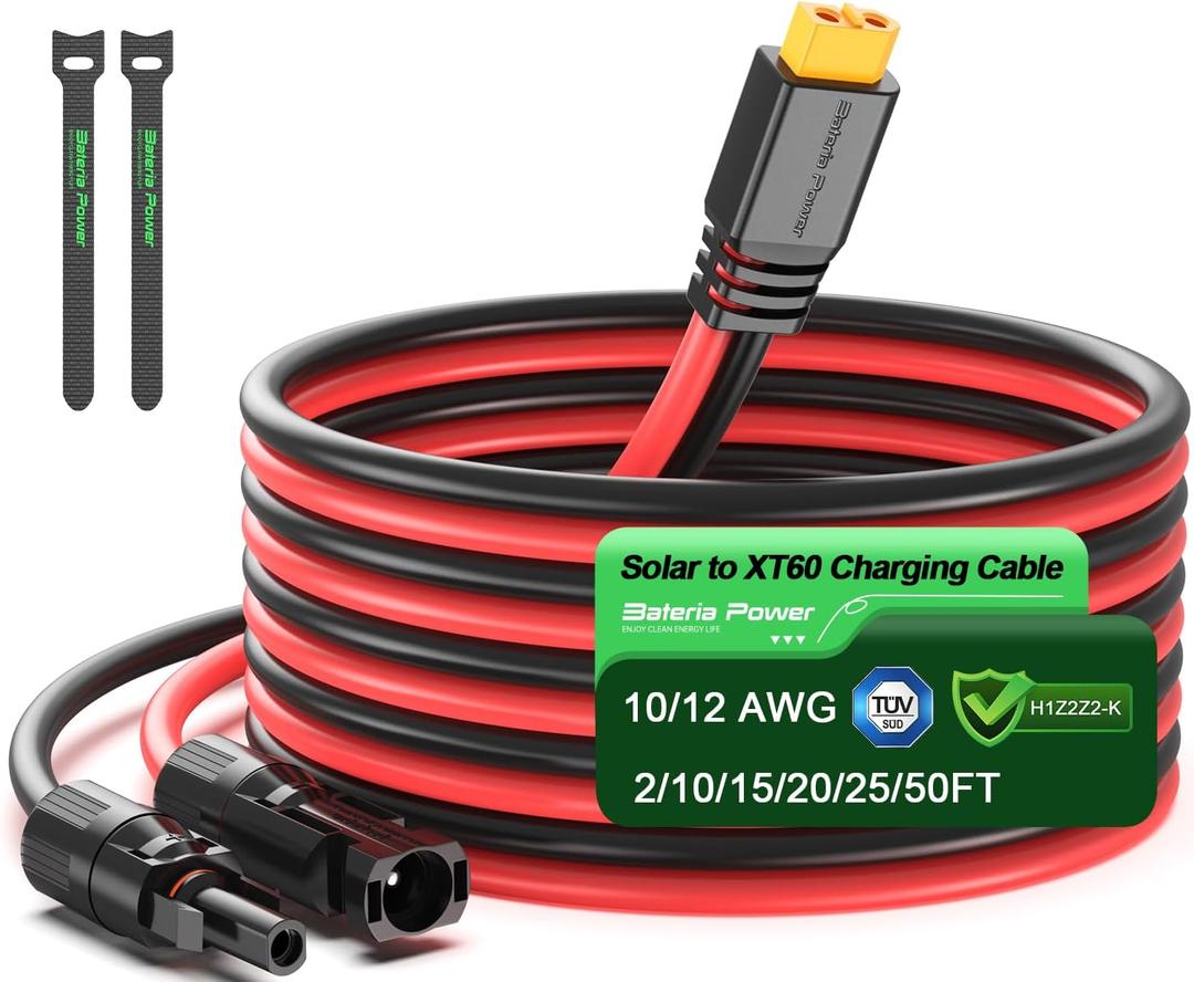 Bateria Power 10 Feet Solar to XT60 Extension Cable, 12AWG Solar Panel Connector to XT60 Charge Adapter for Connecting to Portable Power Station, RV, EcoFlow, Anker, BLUETTI & Generator (Black&Red 12AWG)