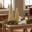 3 Pack Christmas Trees and Reindeer Figurines Decoration- 2 Glittered Christmas Tree Statues and 1 Deer Vintage Christmas Decor Set, Resin Ornaments Tabletop Shelf Office Display Stand Indoor(Gold)