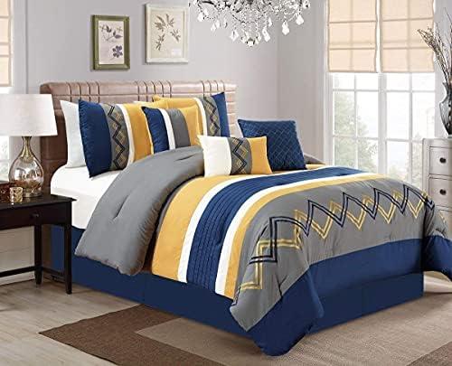 Chezmoi Collection Arden 7-Piece Modern Pleated Stripe Embroidered Zigzag Bedding Comforter Set (Full, Navy/Gray/Yellow/White)