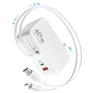 Retractable USB C Charger Wall Plug with 35.5in/90cm Type C Cables Cords,40W Fast Charging Foldable Block Multi Charger for All Devices for iPhone 17/16/15/14/13/12,iPad,Galaxy,Pixel