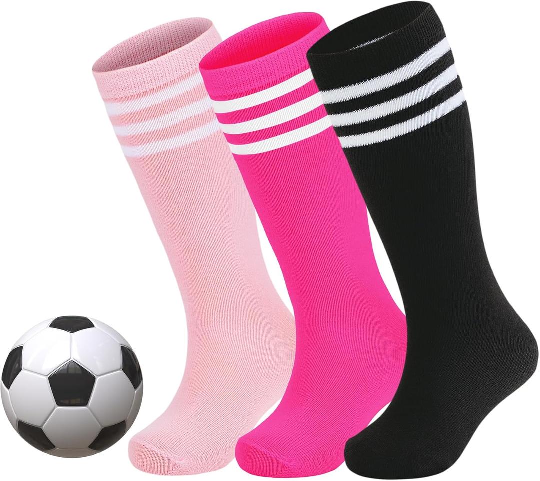 Zando Kids Soccer Socks Youth Baseball Football Softball Cotton Uniform Girls Knee High Socks (3-6 Years, Black/Hot Pink/Pink)