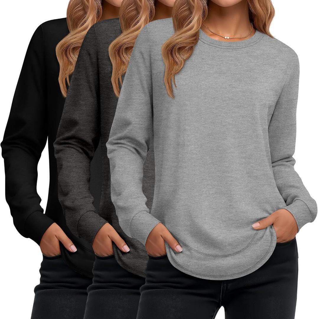 Ficerd 3 Pack Women's Long Sleeve Shirts, Cotton Crew Neck Tunic Tops Casual Loose Fit Pullover Sweatshirts Curved Hem Shirts (Medium, Black, Dark Gray, Light Gray)
