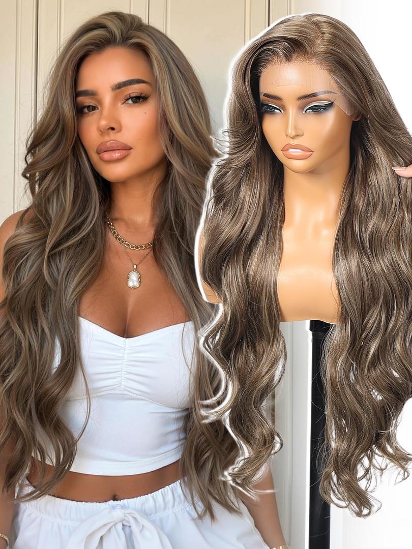 Dofami KOME Blonde Highlight Synthetic Lace Front Wig,13x4 HD Lace Glueless Long Body Wave Curly Wigs for Women Daily Party Use 30IN(#1413HL)