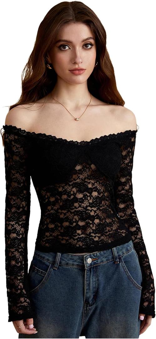 Women's Floral Lace T Shirt Off The Shoulder Long Sleeve Sheer Party Club Crop Tops (Black, M)