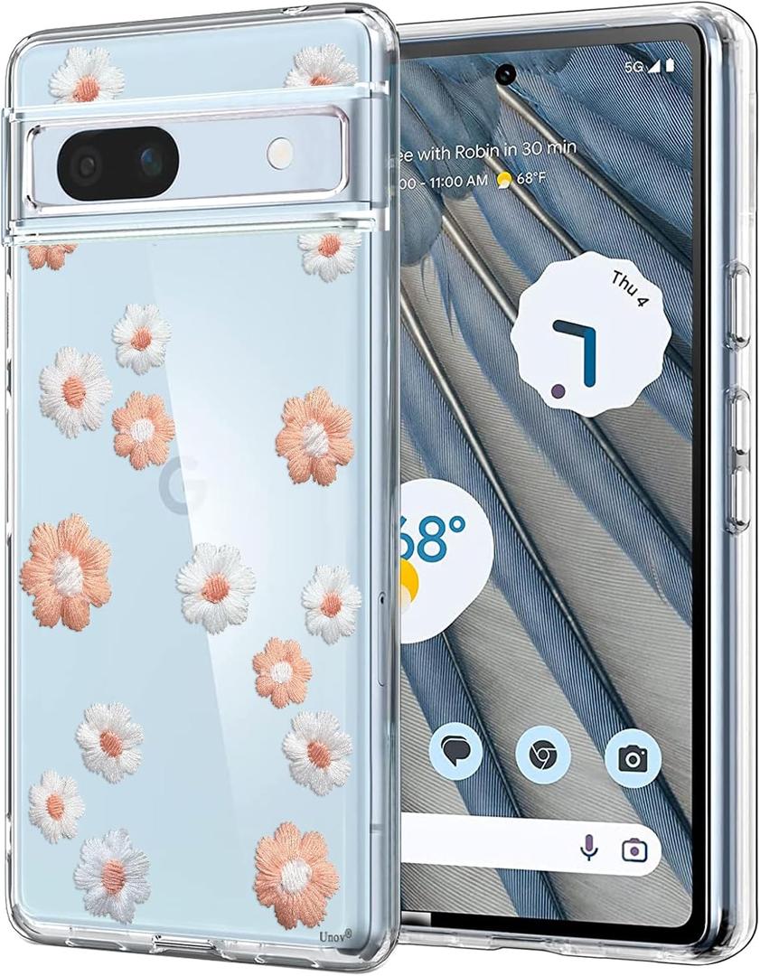 Unov Compatible with Pixel 7a Case Clear with Design Soft TPU Shock Absorption Slim Embossed Flower Pattern Protective Back Cover (Daisy Blooms)