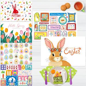 6 Pack Easter Placemats, Non-Slip Washable, Reusable Placemat - Bunnies, Flowers, Easter Eggs, Holiday Theme Placemats for Home, Office, Restaurant, Dining Table, Adults, Kids