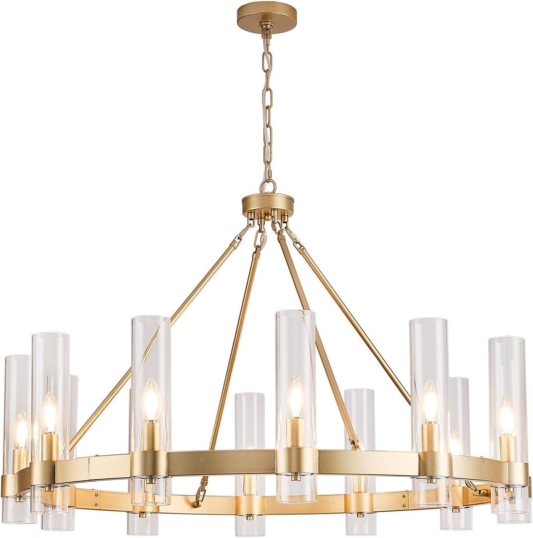 Wagon Wheel Chandelier, 12-Light Golden Farmhouse Round Chandelier, Industrial Lighting fixtures, Glass Pendant Light Suitable for Porch, Dining Room, Living Room, and Bedroom.