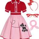 50s Outfit for Girls 50s Costume Girls Poodle Skirt Sock Hop Halloween Party Dress Up (Pink, S)