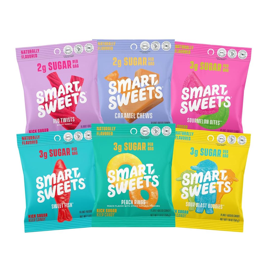 SmartSweets Variety Pack Sampler, Pack of 6 Individual Flavors, Low Sugar & Calorie Candy - Sweet Fish, Sourmelon Bites, Peach Rings, Sour Blast Buddies, Red Twists, & New Soft Caramels