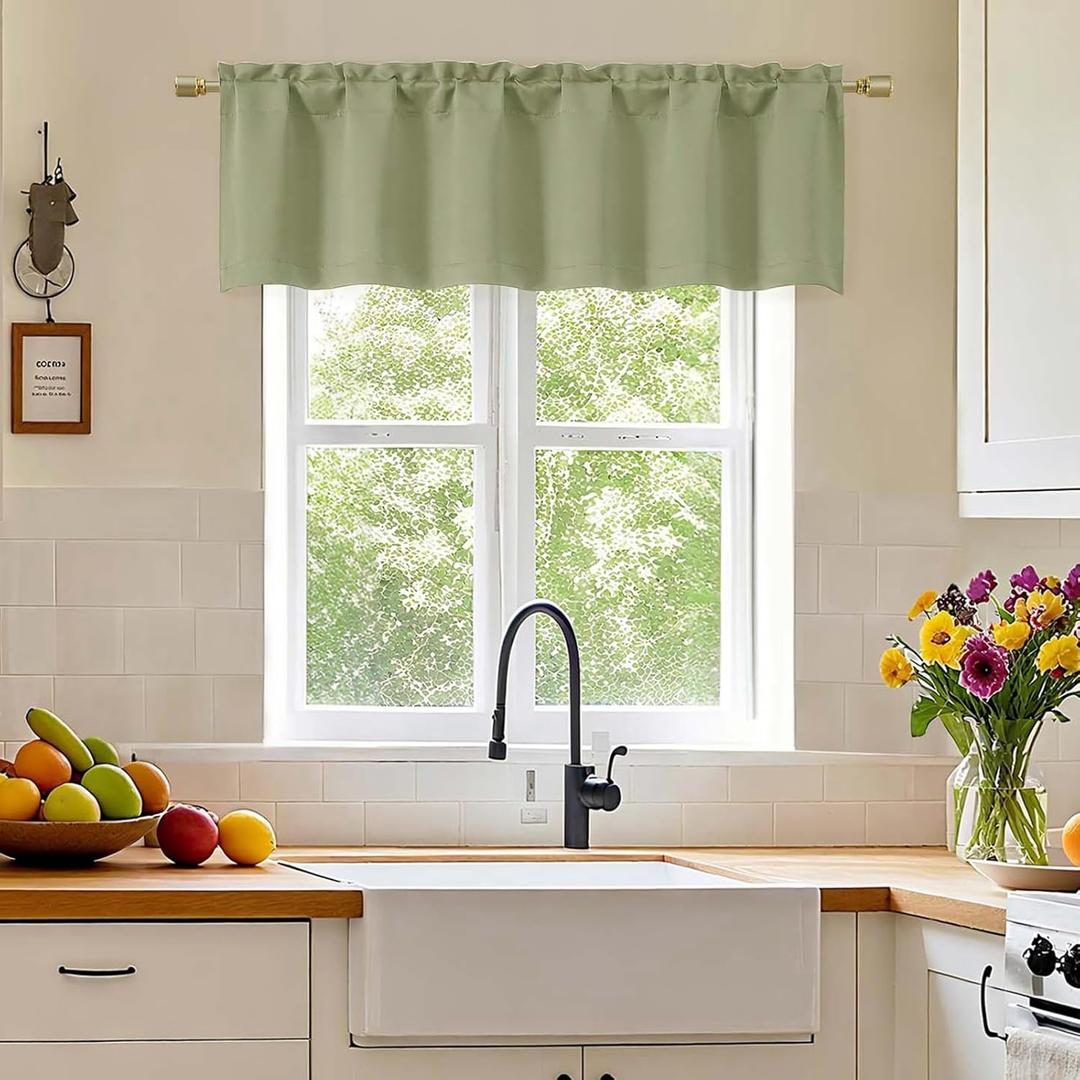 Simplebrand Sage Green Valance for Windows, Short Blackout Curtains for Kitchen/Small Windows with Rod PocketThermal Insulated Solid Curtain Valance, Each 60Wx14L Inches, 1 Piece