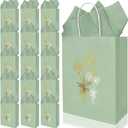 FYSUIMU 30 Pcs Sage Green Floral Paper Bags with Handle and Tissue Paper Foil Gold White Flower Party Favor Goodie Treat Bag for Thanksgiving Wedding Mother's Day Birthday Baby Shower Party Supplies