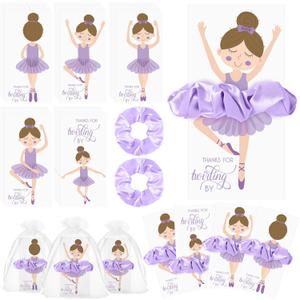 Yinkin 30 Sets Ballerina Party Favors for Girls Hair Scrunchies with Thanks Twirling Cards for Birthday Dance Recital Gifts Ballet Party Favors(Purple)