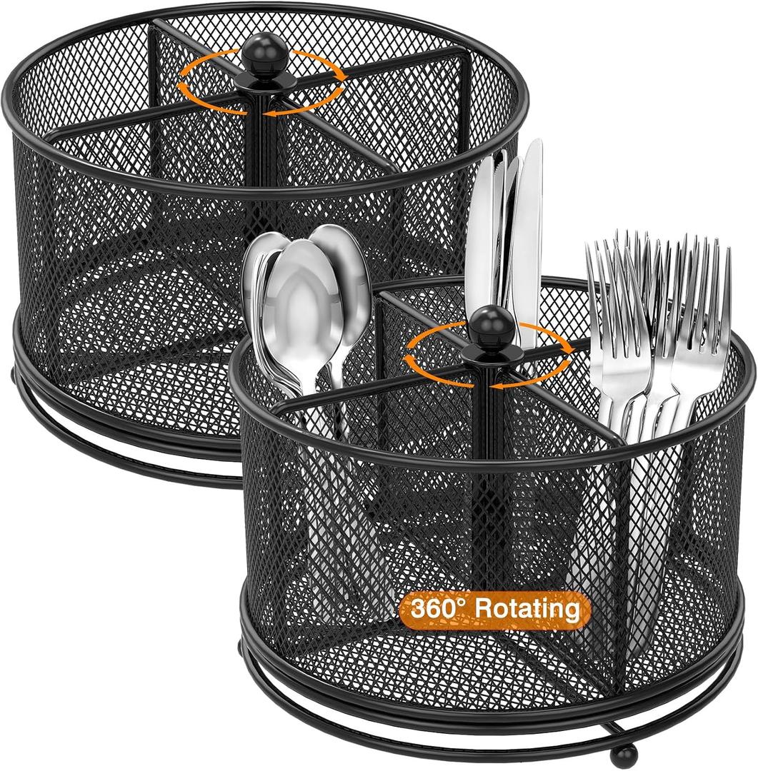 2 Pack 360 Rotating Metal Silverware Organizer Holder | 4 Compartment Utensil Caddy, Flatware Storage Basket Effortless Access Fork Spoon for Party Buffet Picnic Camping Outdoor