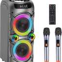 Karaoke Machine with 2 Wireless Microphones, Portable PA System Big Bluetooth Speaker with LED Lights, Remote Control Support Bass/Treble Adjustment, TF Card/USB, REC for Adult Kids Home Party