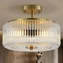 3-Light Gold Semi Flush Mount Ceiling Light, 11.8" Modern Hallway Light Fixtures Ceiling Mount with Ribbed Clear Glass Shade, Bright Close to Ceiling Lamp for Bedroom/Kitchen/Entryway/Dining Room