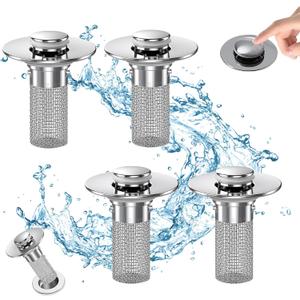 Bathroom Sink Drain Strainer, Pop Up Sink Drain Filter with Removable Stainless Steel Filter Basket Hair Catcher, Bathroom Sink Drain Stopper, for Us Bathroom Sink Stopper Replacement (4pcs)