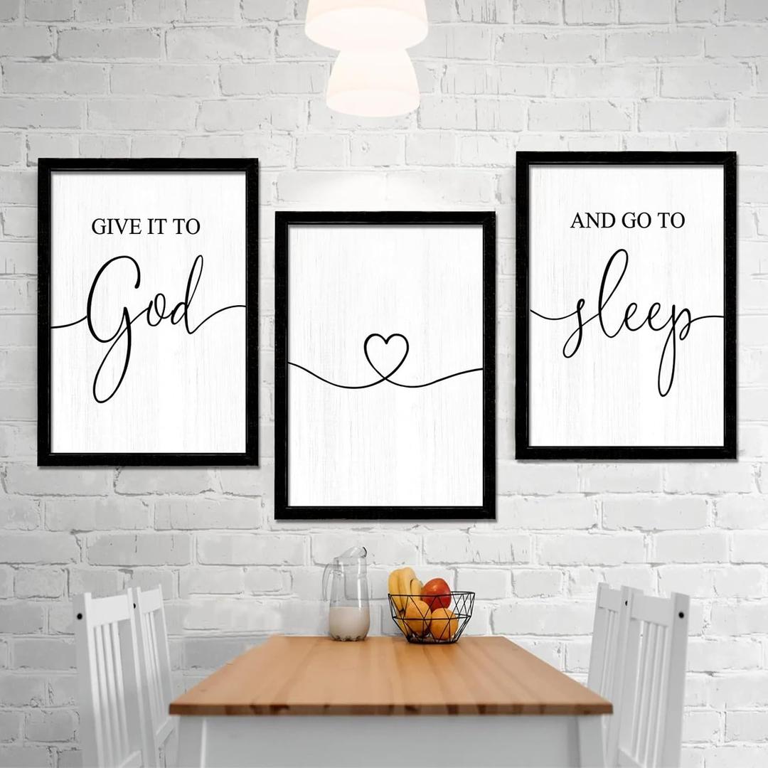 Give It to God and Go to Sleep Framed Wall Art set of 3 for Couples, 11''16'' Vintage Cottagecore Wooden Horizontal Wall Decor Above Bed, Farmhouse Wedding Gift for Bedroom