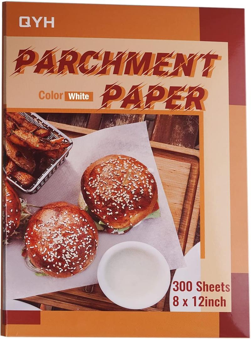 QYH Parchment Paper Baking Sheets 300 Pieces 8x12 Inch Non-Stick Non-Curl Pre-cut White Parchment for Baking Grilling Cooking