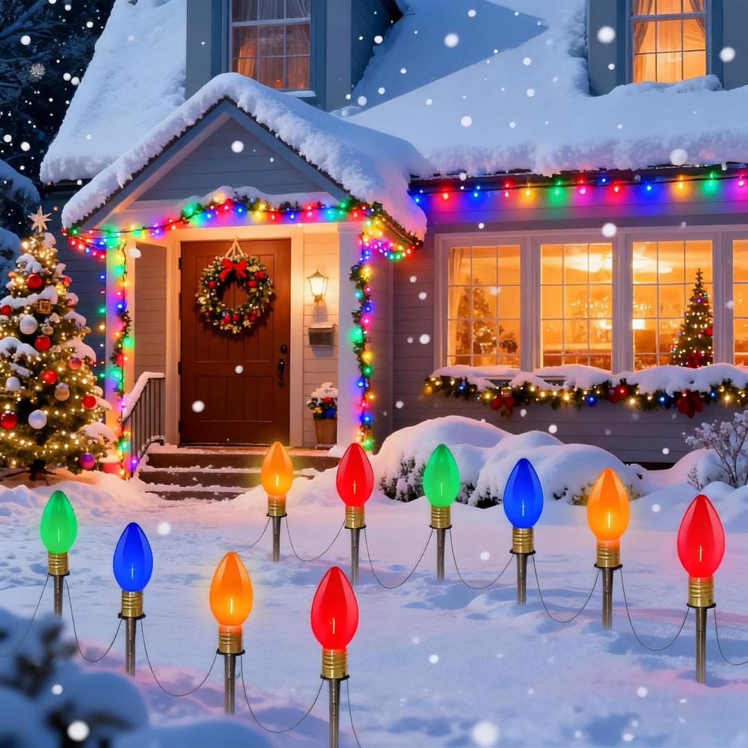 2 Pack C9 Christmas Pathway Stake Lights, 14Ft Total Outdoor Christmas Decorations with 8 Jumbo Multicolor LED Bulbs, Energy Saving Walkway Lights for Lawn Yard Garden Driveway Sidewalk Holiday Decor