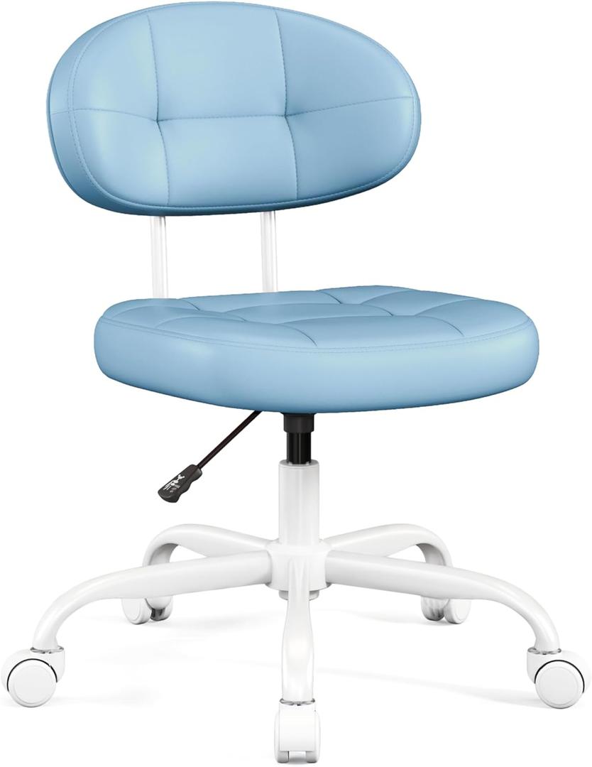 Misolant Vanity Chair with Back, Small Armless Cute Office Chair with Wheels and Lumbar Support, Comfy PU Leather Desk Computer Chairs with Adjustable Height, 360Swivel for Home Bedroom Office, Blue