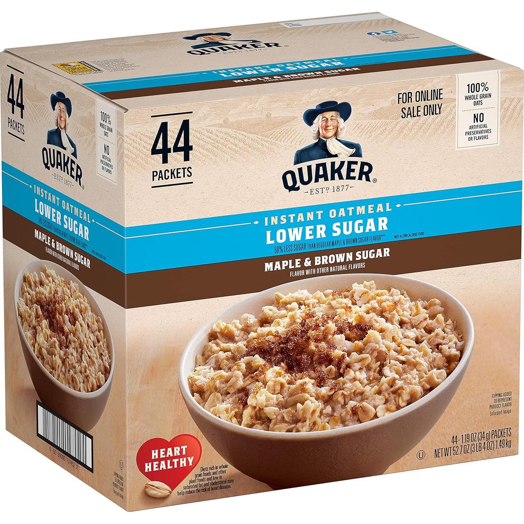 Quaker Instant Oatmeal Lower Sugar, Maple & Brown Sugar, 1.19 Oz, Pack of 44 (EXP 11/19/26)