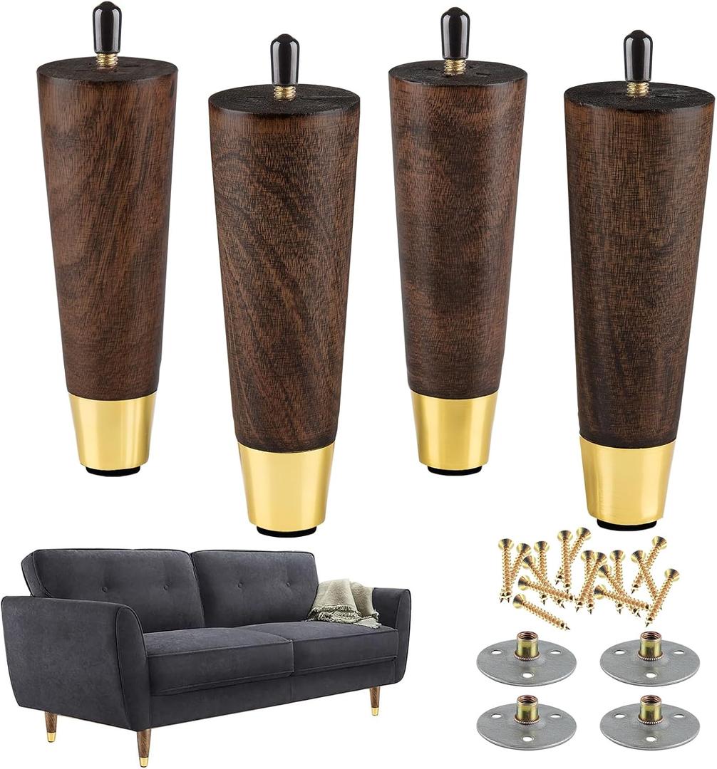 Mid-Century Modern Couch Legs - Set of 4, 6 Inch Brown Round Tapered with Brass Base for Cabinets, Coffee Table, Ottoman, Sofa, Loveseat, Armchair