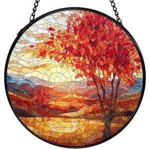 Fall Suncatchers Stained Glass Window Hanging, Rustic Farmhouse Autumn Landscape Sun Catchers Indoor Window Glass Round Wall Decor, Fall Wall Hanging Decorations, 7.9x7.9in