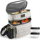 Fit & Fresh Westminster Dual-Compartment Insulated Lunch Bag for Women, Complete Lunch Set with 2 Containers, Double Deck Insulated Cooler Bag with Adjustable Strap, Black & White Polka Dots