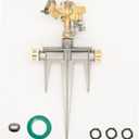 Professional Brass Head Sprinkler with Aluminum Trident Ground Stake + 3 Gaskets, Screen Filter and Thread Seal Tape - Up to 85 Foot Spray Radius (Depending on Water Pressure)