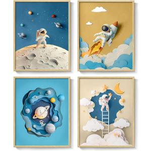 Framed Space Astronaut Wall Art for Nursery Decor, 4 Piece Outer Space Themed Canvas Art Prints Paintings, Planet Rocket Pictures for Bedroom, Kids Room, Baby Room, Boys Room, Bathroom Wall Decor, 11"W x 14"H x 4Pcs
