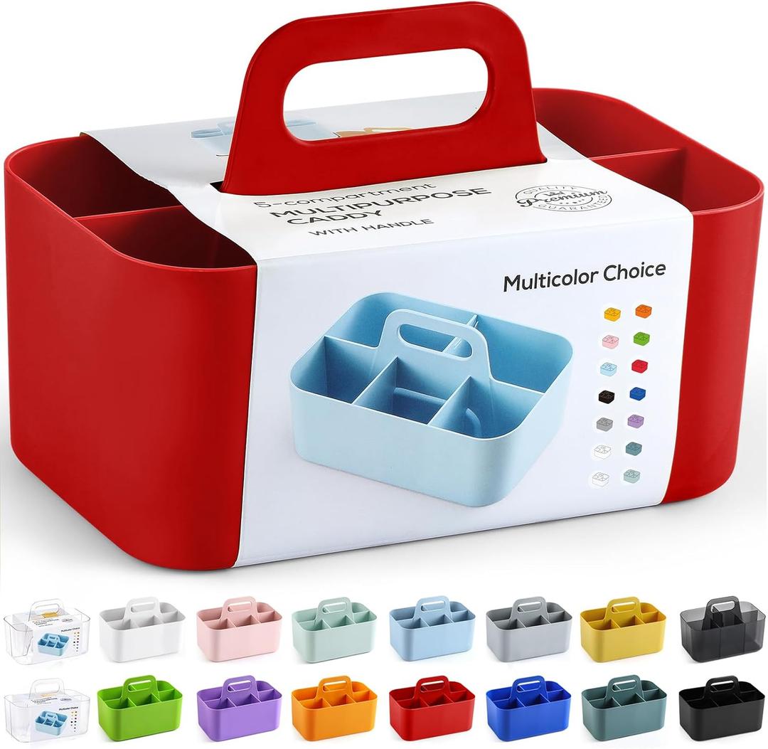 Multiuse Caddy Organizer with Handle - Stackable Plastic Tote Bin - Art Craft Supplies, Office, Desk, Stationery Pen Holder, Kitchen, Utensil, Makeup, Bathroom, Shower, Cleaning, Dorm Organizer - Red