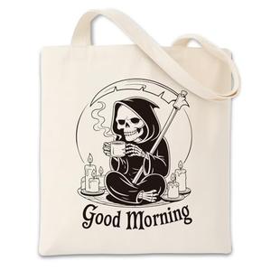 Geondos Good Mourning Grim Reaper Drinking Coffee Tote Bag Reusable Shoulder Tote Bag for Women Lady Casual Vacation Shopping Work Gym Inspirational Gifts For Women Friends