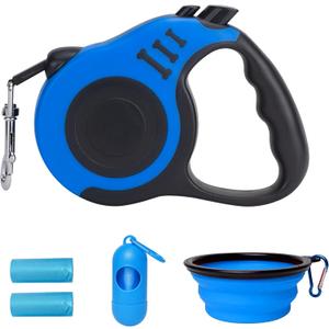 Retractable Dog Leash Automatic Telescopic Tractor Dog Tape, Pet Tape 10/16 FT Durable and Convenient, with Folding Bowl, Dispenser, Rubbish Bags, Suitable for Small and Medium Dogs (Blue Set, S)