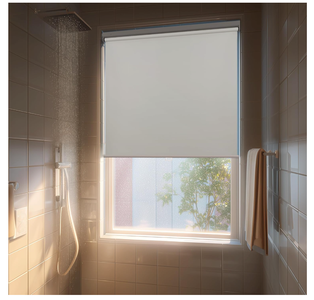 HESTIA No Drill Cordless Blackout Roller Shades Screwless Waterproof Shower Window Blinds, Auto-Retraction Easy Install Blind for Bathroom/Kitchen/Office/Exterior, White, 25" W x 72" H