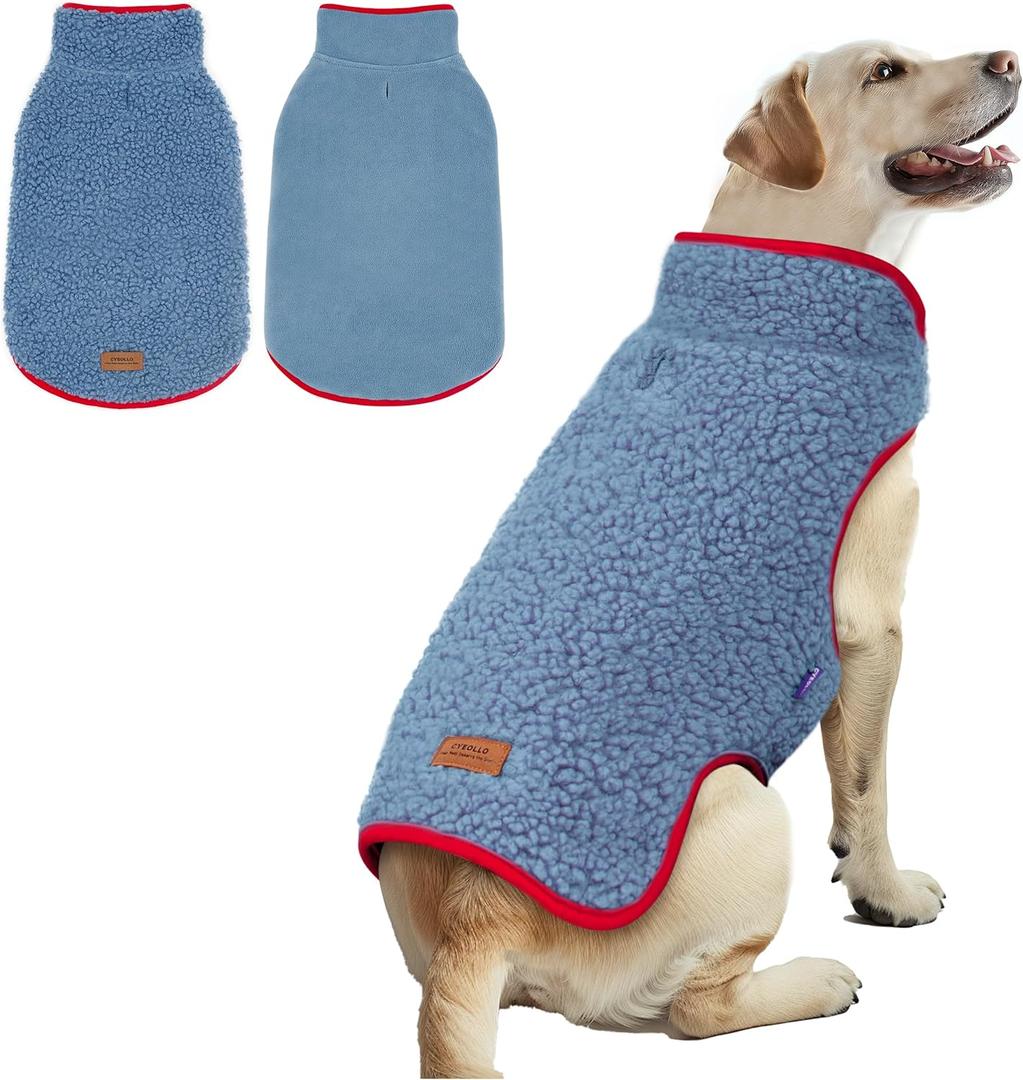 cyeollo Dog Coat Reversible Dog Jacket Winter Sherpa Dogs Sweater Clothes for Cold Weather Fleece Warm Pet Coats for Medium Dogs, Blue 2XL 